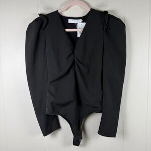 ASTR The Label Black Amora‎ Plunging V Neck Ruched Puff Sleeve Bodysuit M
